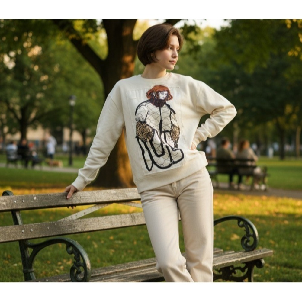 Zara Beige Pullover Sweatshirt Graphic Embroidered Women Long Sleeve